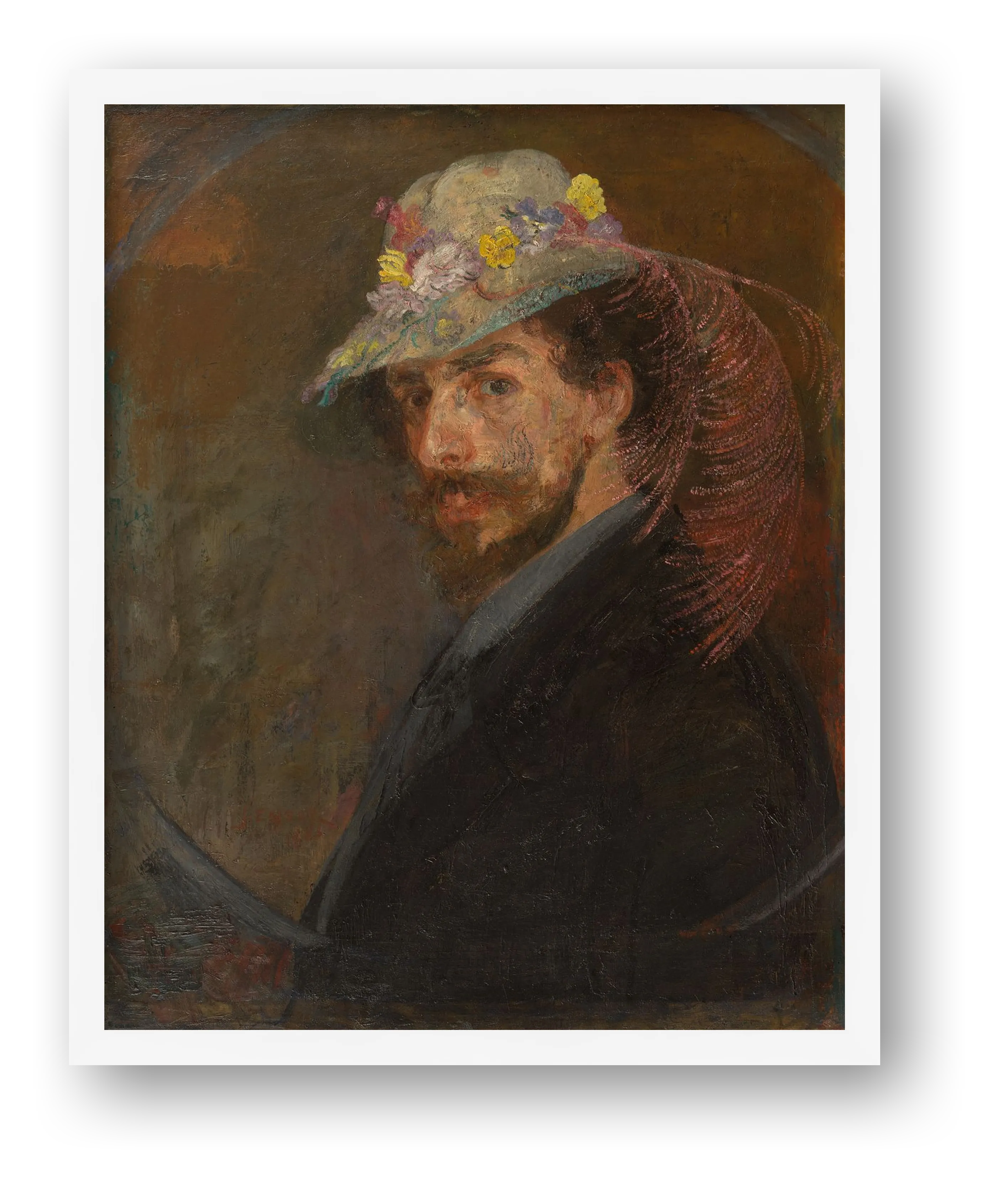 James Ensor: Selbstporträt mit Blumenhut,  1883/1888 — framed