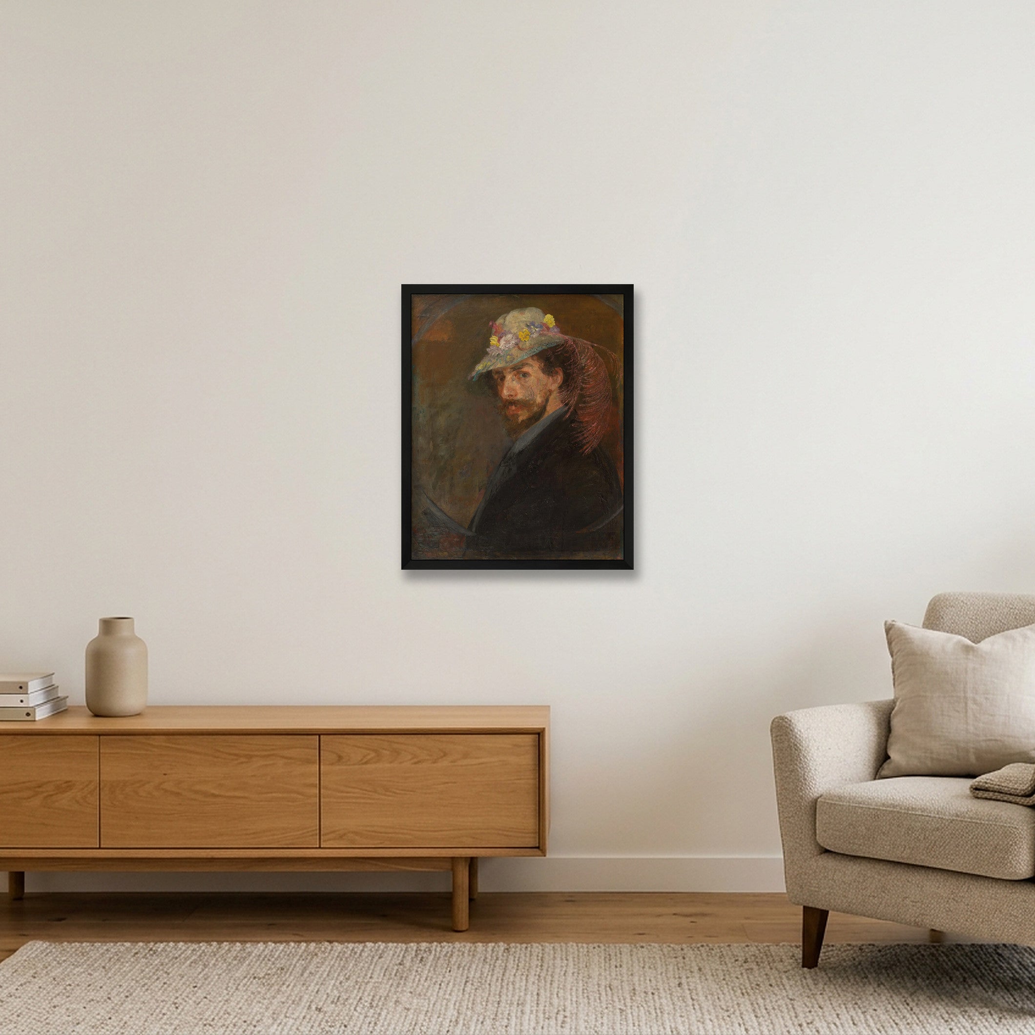 James Ensor: Selbstporträt mit Blumenhut,  1883/1888 — 40×50cm, 16×20" Black Frame