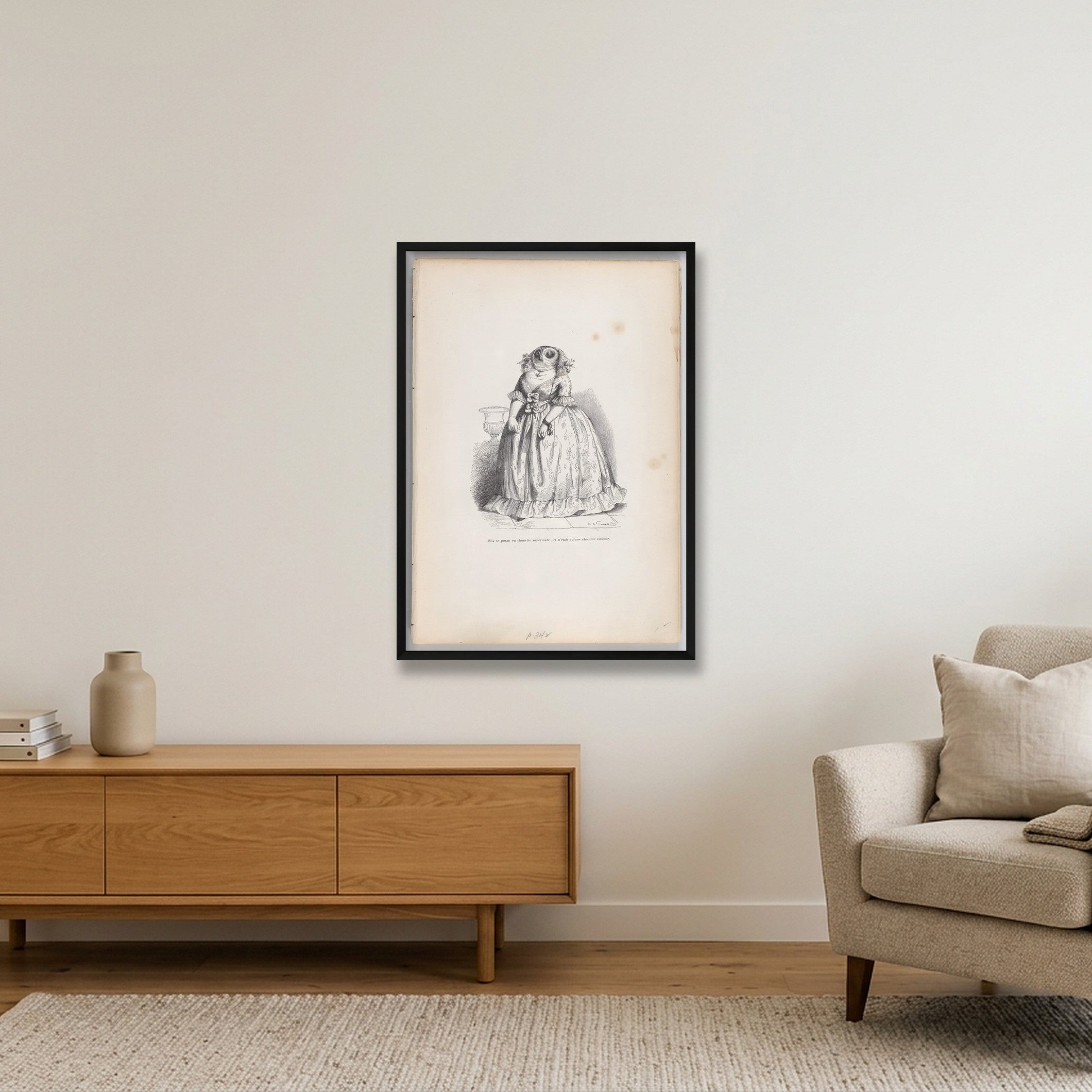 Jean-Jacques Grandville: Eulenfrau, 1837/47 — 59×84cm, 23×33" Black Frame
