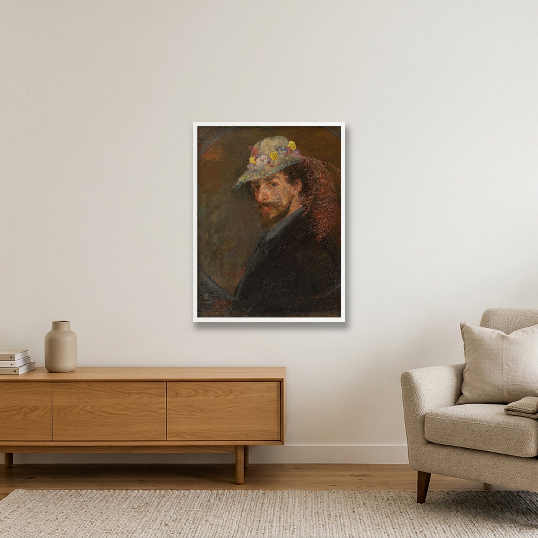 James Ensor: Selbstporträt mit Blumenhut,  1883/1888 — 60×80cm, 24×31" White Frame